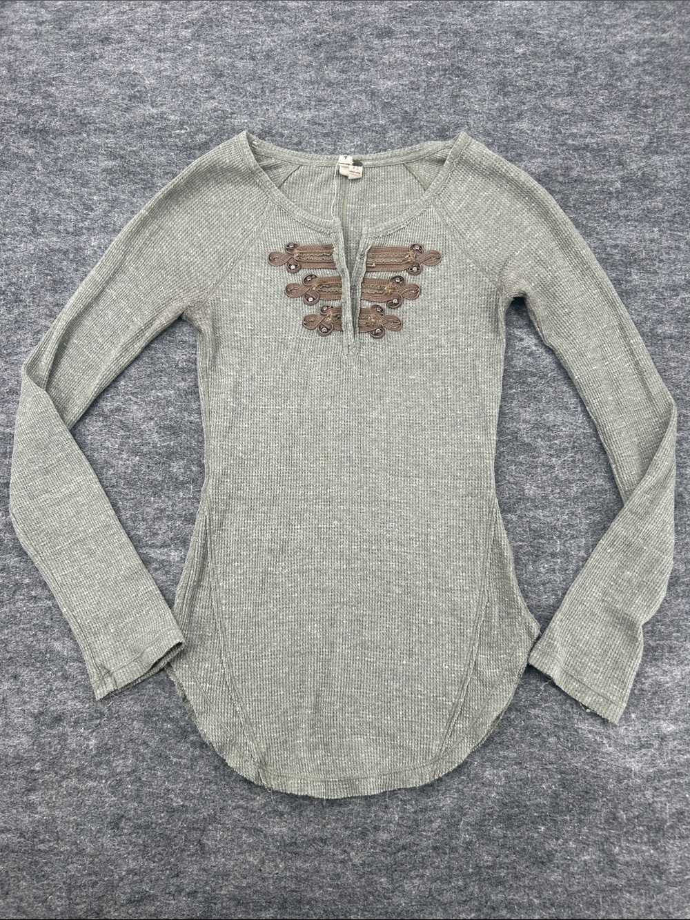 We The Free Free People Thermal Henley Top Olive Green Waffle Knit XS Boho